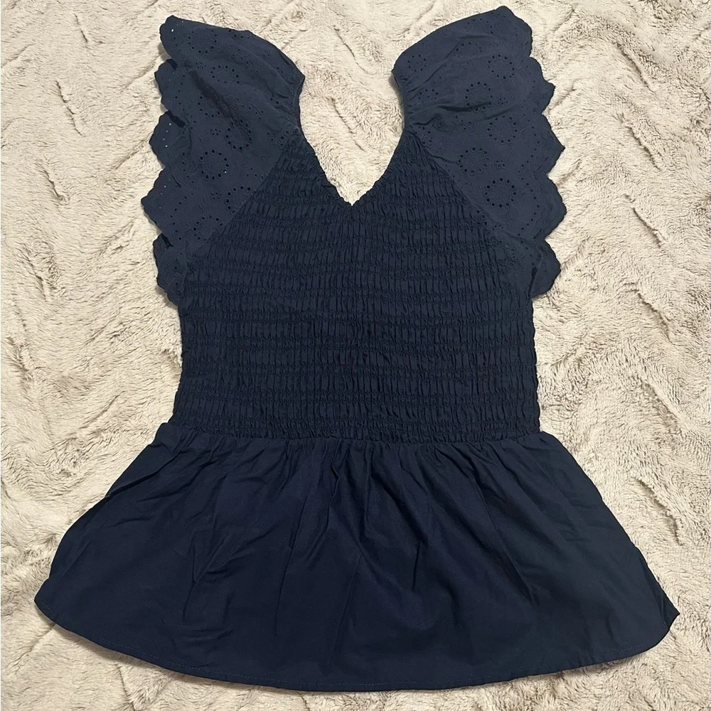 Time and Tru Women's Smocked Bodice V-Neck Eyelet Ruffle Top - Picture 3 of 9